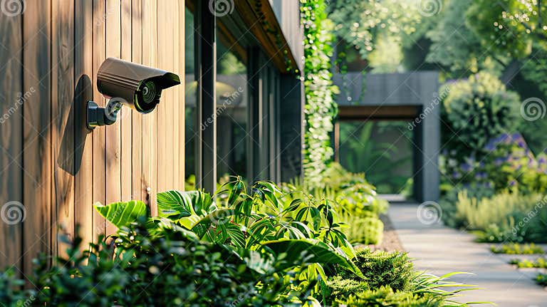 Kỹ thuật viên căn chỉnh camera ngoài trời và xử lý dây gọn để giữ thẩm mỹ khu vườn.