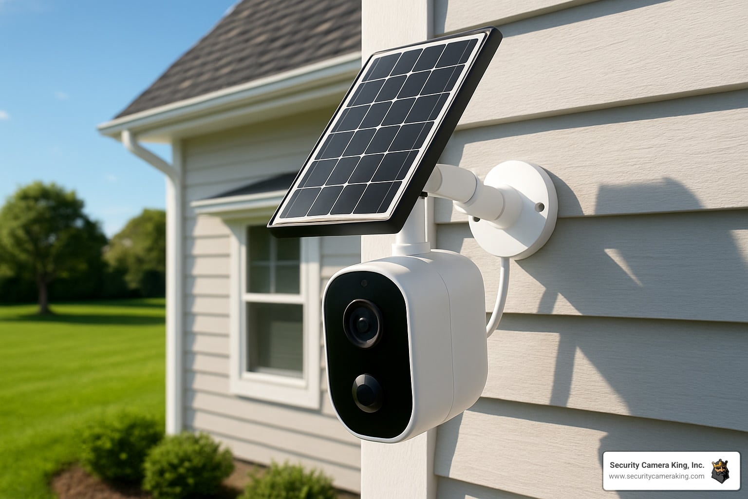 Mẫu camera năng lượng mặt trời ngoài trời phù hợp cho sân vườn và khu vực rộng.
