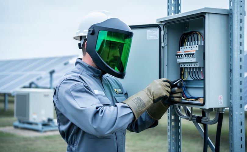 Kỹ thuật viên kiểm tra aptomat trong hệ thống điện mặt trời áp mái