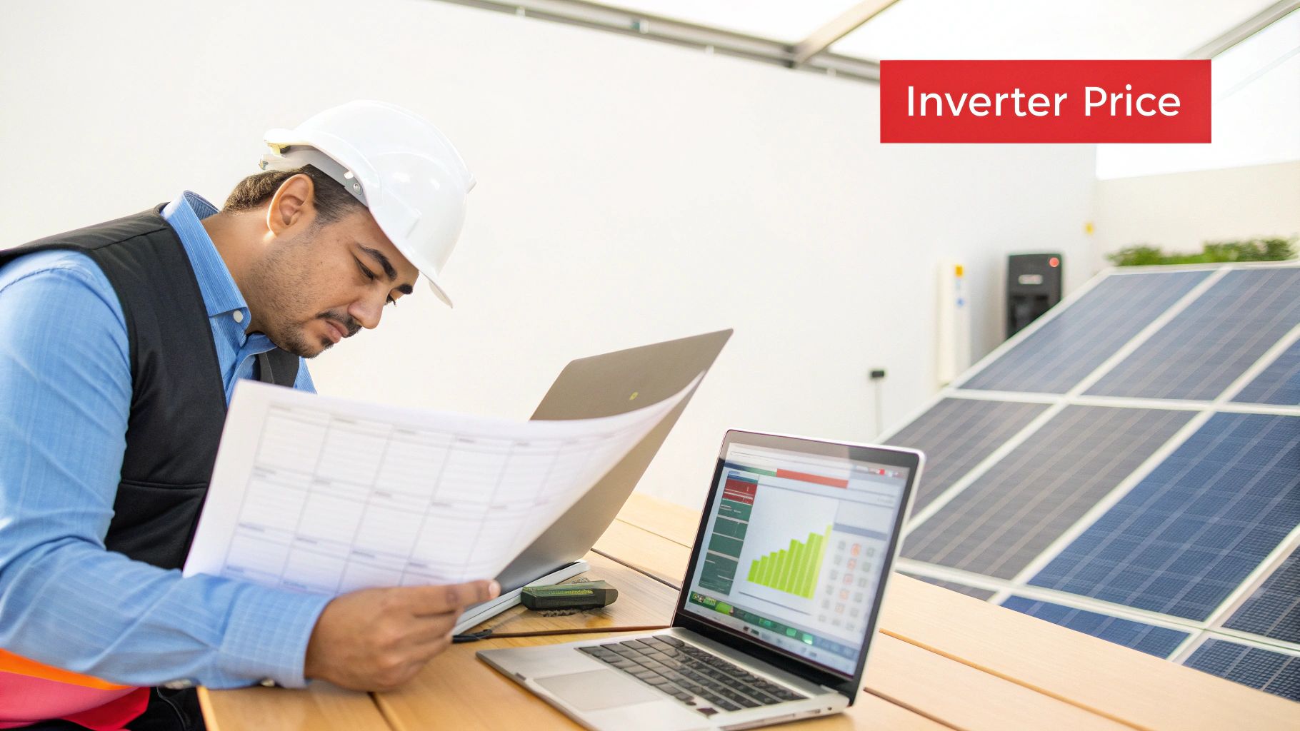Kỹ thuật viên so sánh các mẫu inverter trước khi chọn cấu hình phù hợp.