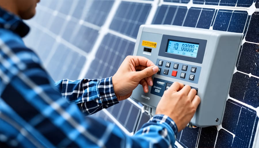 Kỹ thuật viên kiểm tra lỗi inverter và hồ sơ bảo hành tại hiện trường.