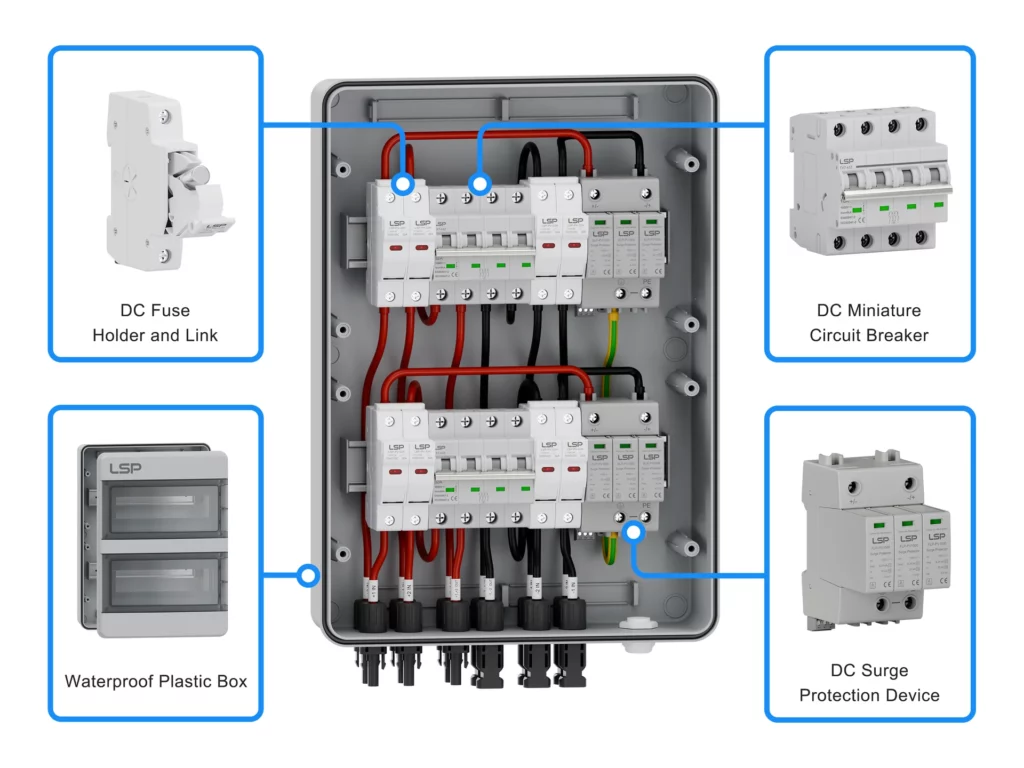 Cụm bảo vệ DC cho hệ thống điện mặt trời với cầu chì, SPD và dao cách ly.