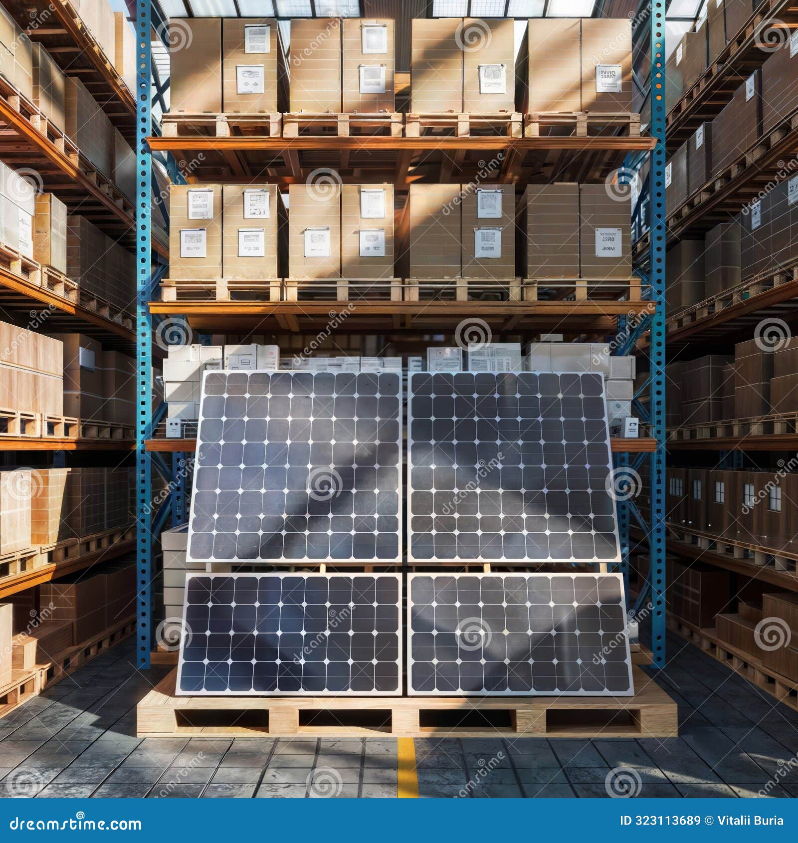 Kho thiết bị solar được sắp xếp khoa học, phục vụ phân phối và giao hàng dự án.